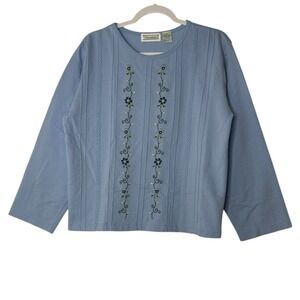 Shenanigans Top Womens Large‎ Blue Floral Blouse Embroidered Long Sleeves Y2K